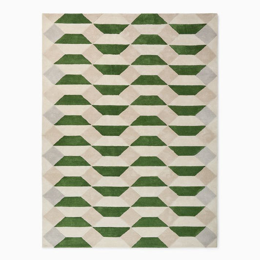 Hand-Tufted Wool Rug – Green & Neutral 3D Geometric Pattern