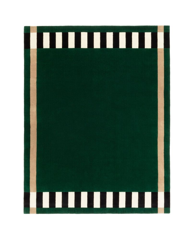 Hand-tufted green wool rug with black and white striped border and beige accents