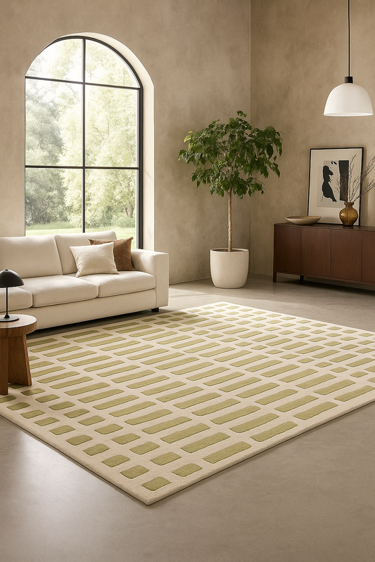 Hand-Tufted Wool Rug – Grid Pattern in Olive Green and Ivory