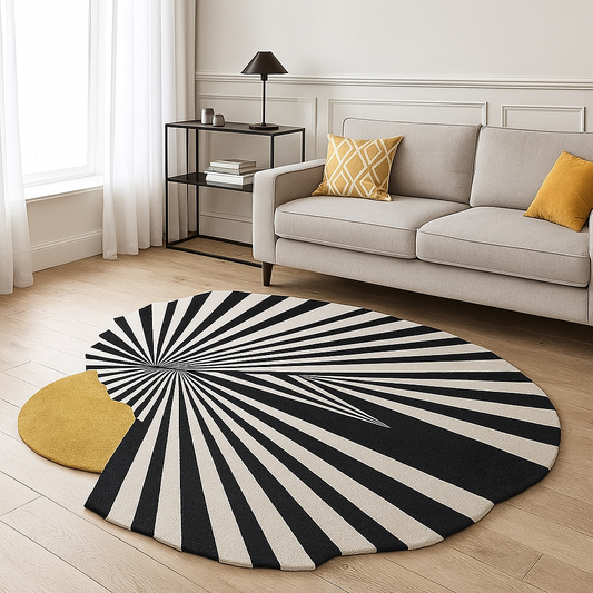 Hand-tufted abstract geometric rug in black, white, and mustard with optical burst design in a modern living room