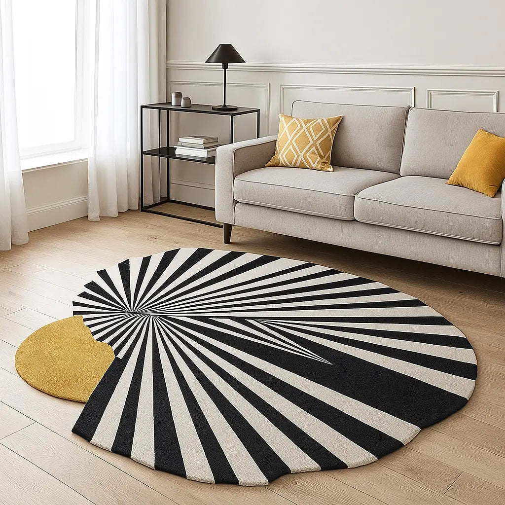 Hand-tufted abstract geometric rug in black, white, and mustard with optical burst design in a modern living room