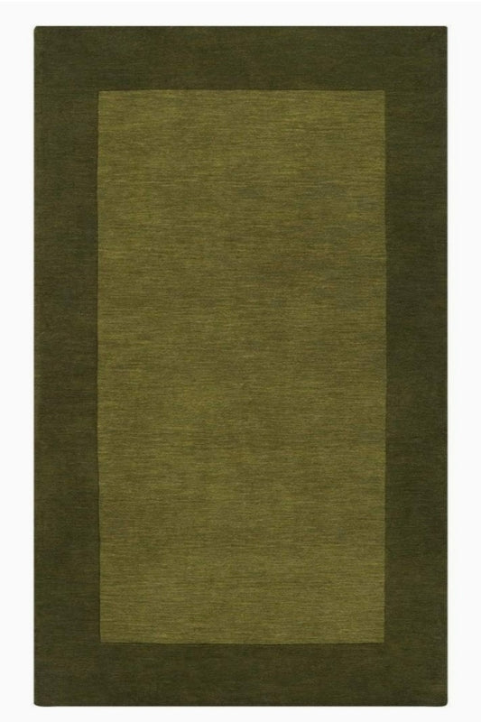 Overhead view of a rectangular hand-tufted wool rug with an olive green center and a dark forest green border.
