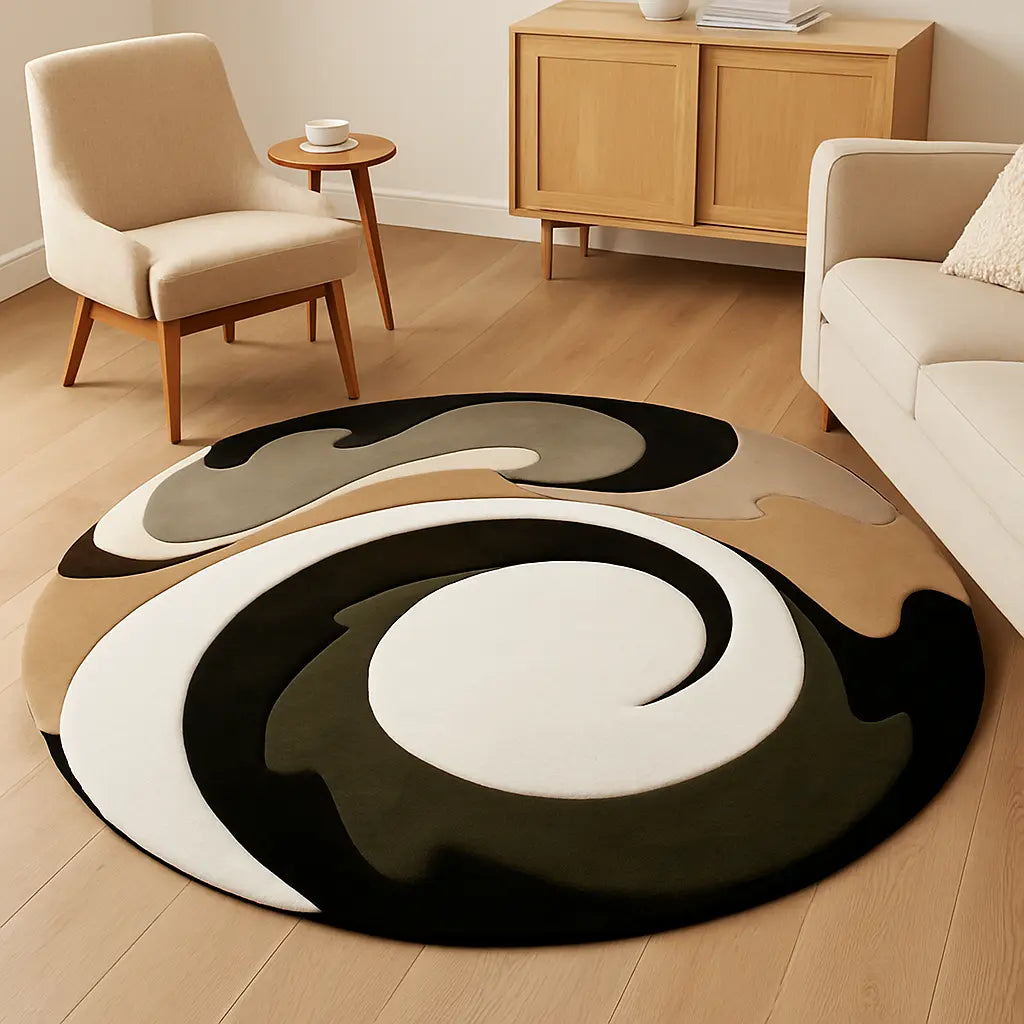 Hand-tufted round wool rug with abstract swirl pattern in beige, ivory, olive, and black