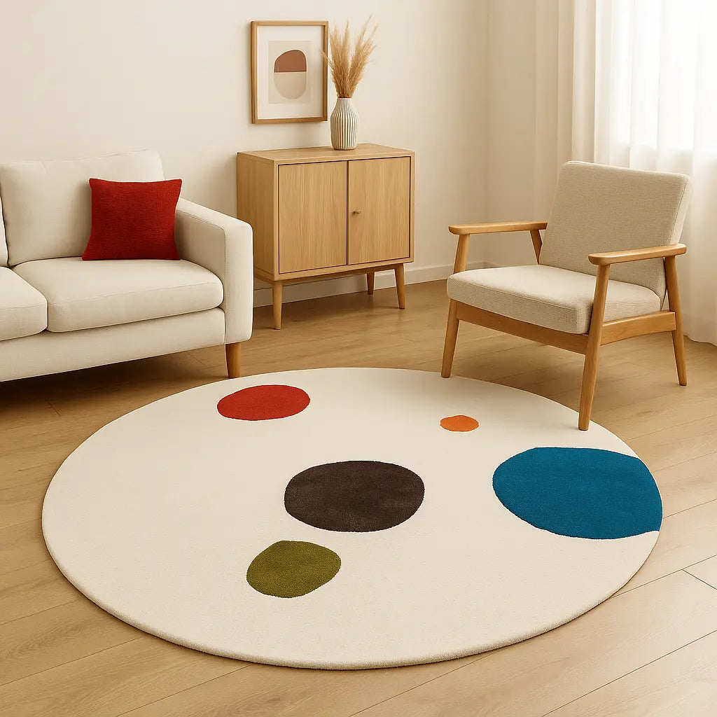 Hand-tufted round wool rug with colorful polka dots on an ivory background in a modern living room
