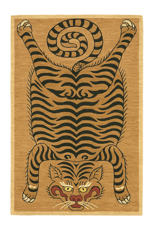 Hand-tufted Tibetan tiger wool rug with coiled tail design in camel and black tones
