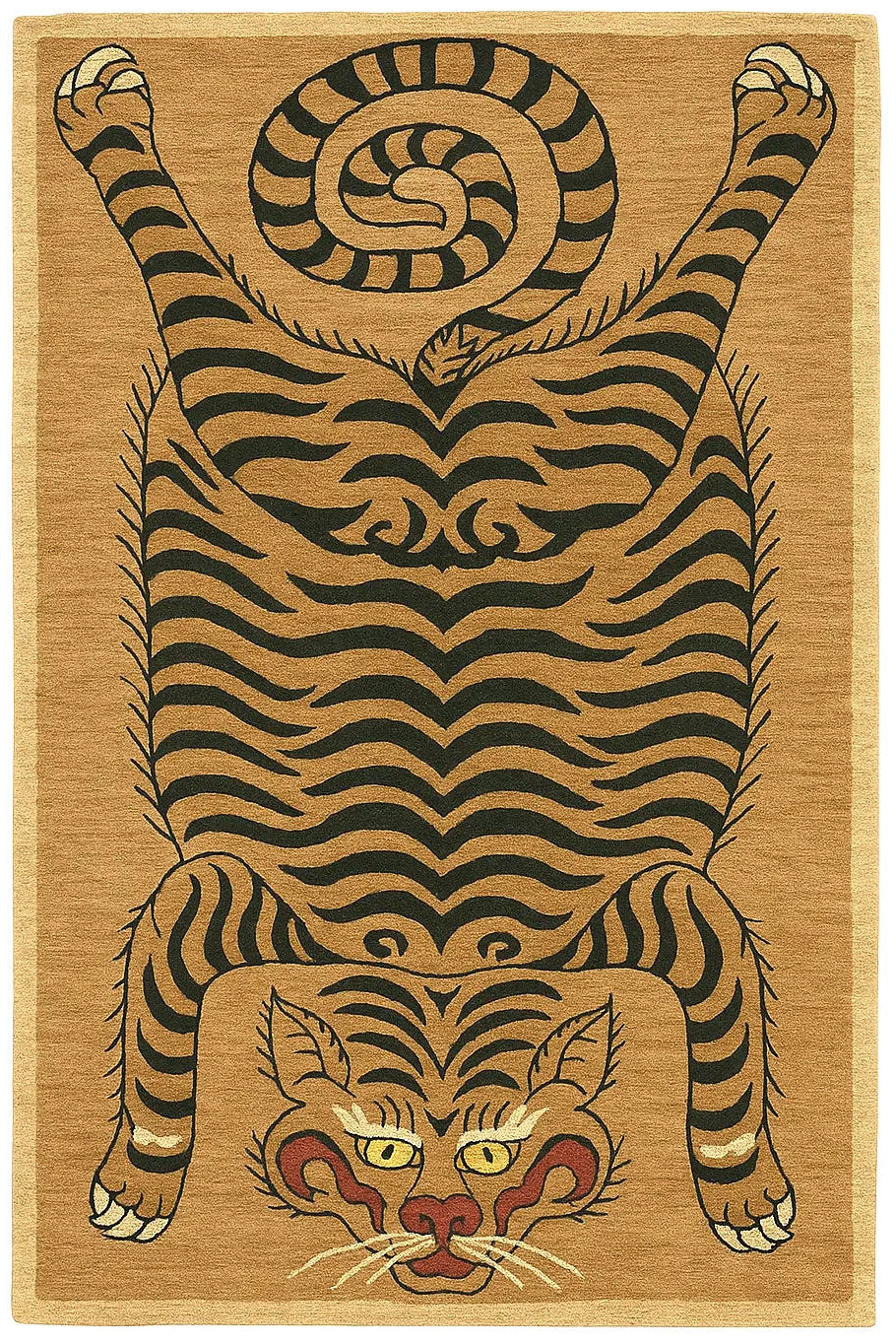 Hand-tufted Tibetan tiger wool rug with coiled tail design in camel and black tones