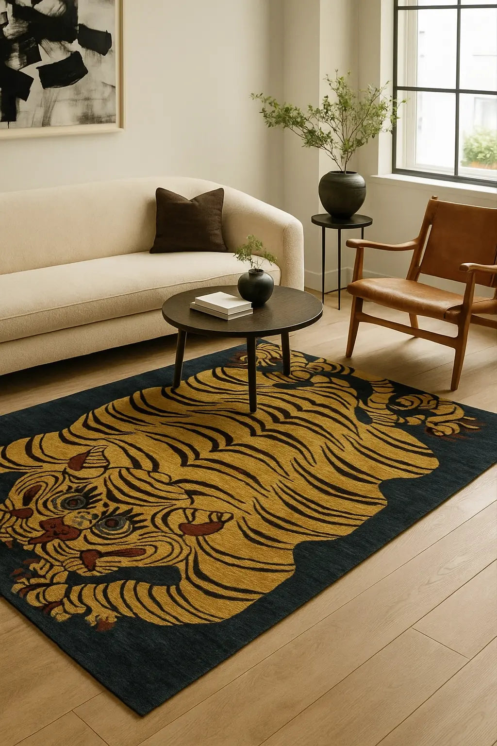 Hand-tufted Tibetan tiger rug in gold and black styled in a modern living room with a cream sofa, leather chair, and light wood floors
