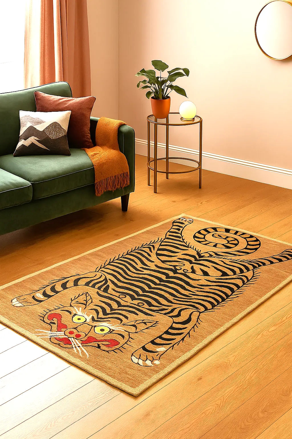 Decorative rug with a tiger design on a wooden floor in a living room setting.