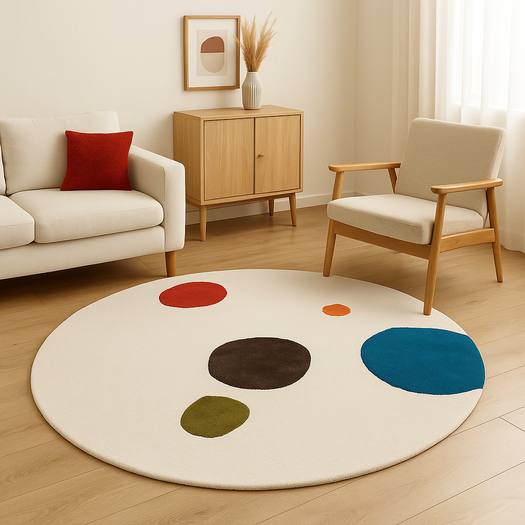 Ivory round hand tufted rug with scattered red blue olive brown and orange organic color blocks
