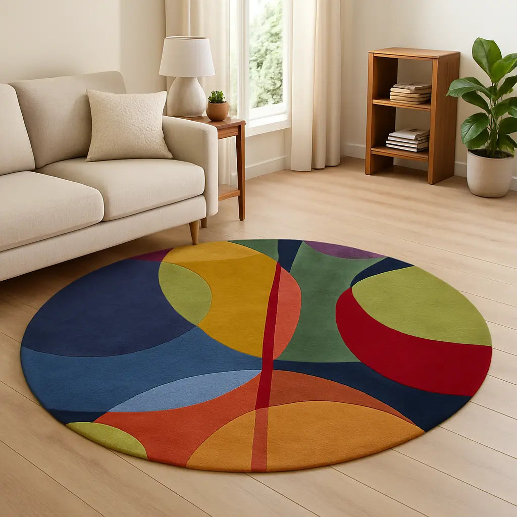 A colorful round rug in a living room with a beige sofa and wooden floor.
