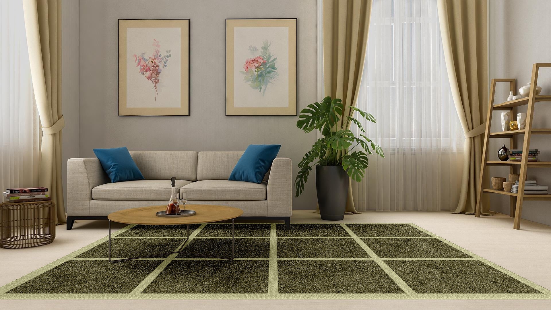 Hand-tufted wool area rug with olive green grid pattern placed in a modern living room