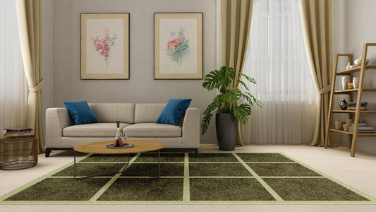 Minimalist Grid Wool Rug – Olive & Beige | Hand-Tufted Modern Carpet by DeKnots