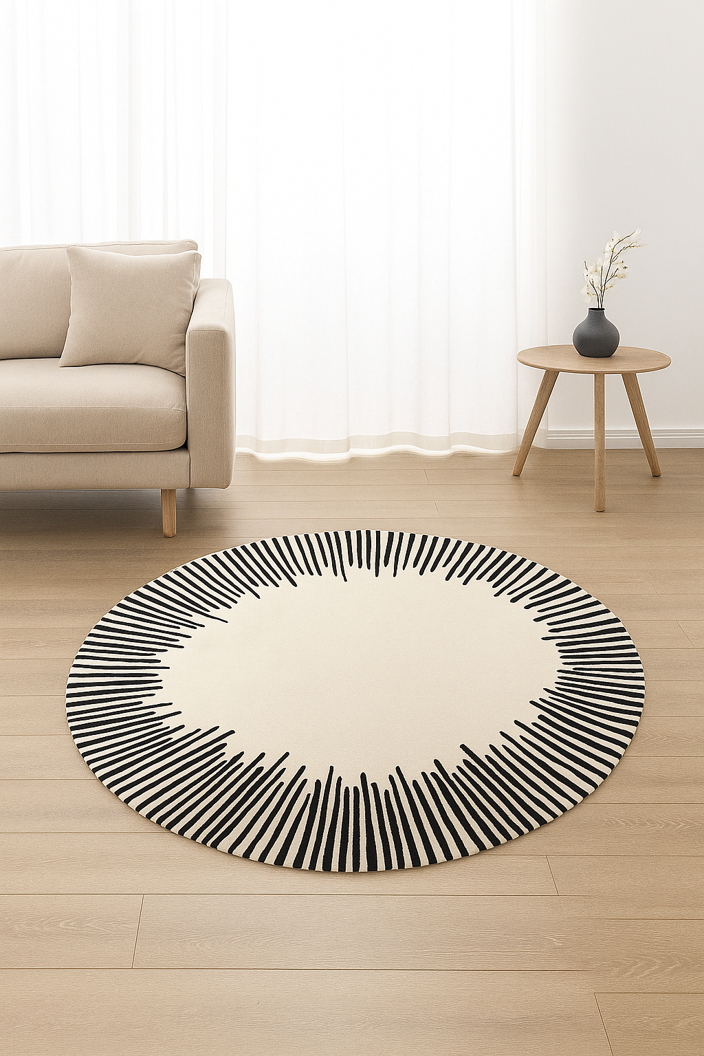Modern Oval Cream Rug with a radiating black line pattern, hand-tufted from premium handmade wool for a contemporary interior.