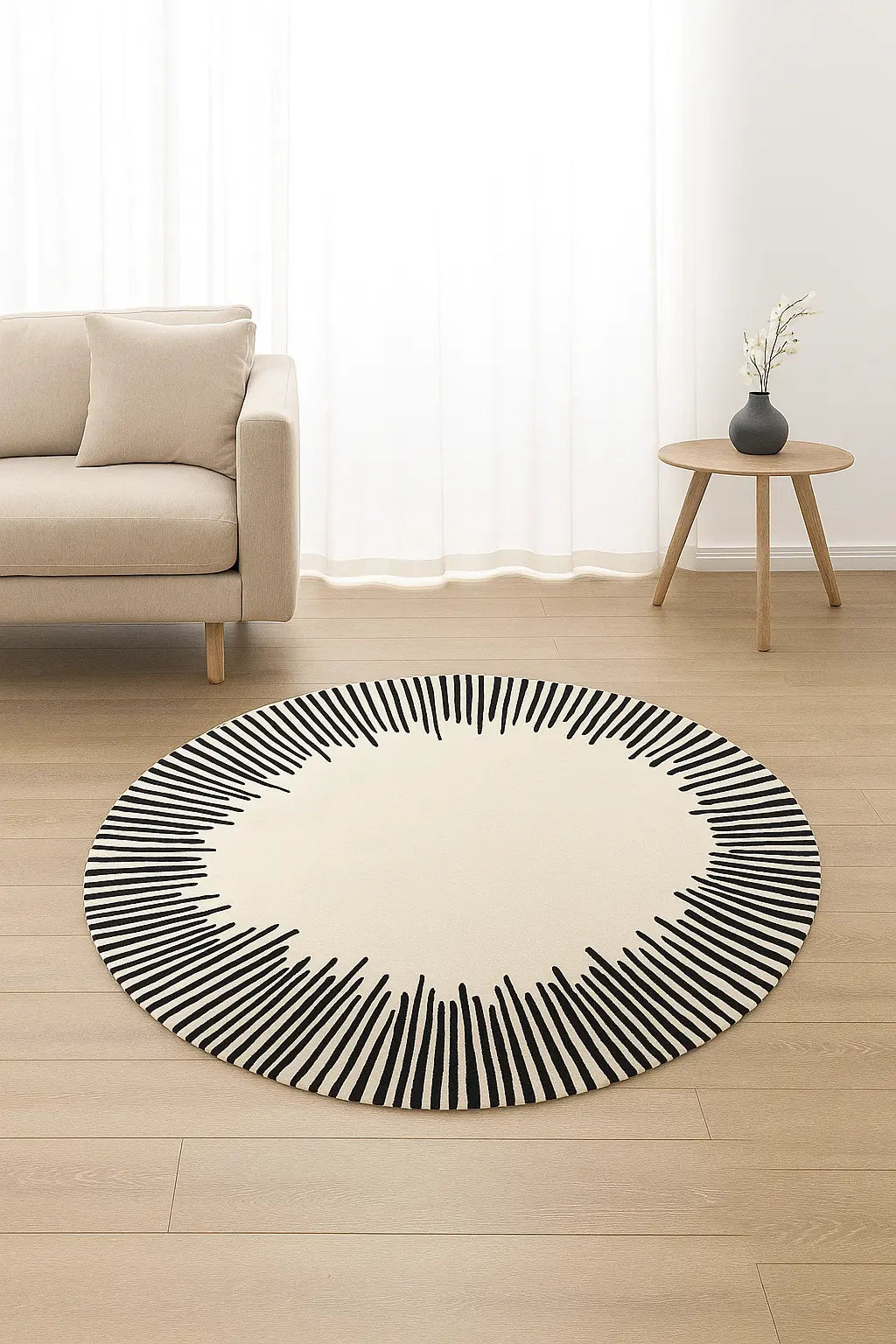 Modern Oval Cream Rug with a radiating black line pattern, hand-tufted from premium handmade wool for a contemporary interior.