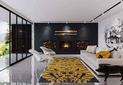 Hand-Tufted Wool Tiger Rug – Tibetan Style Animal Carpet | Bold Yellow & Black | Unique Statement Rug for Living Room or Bedroom