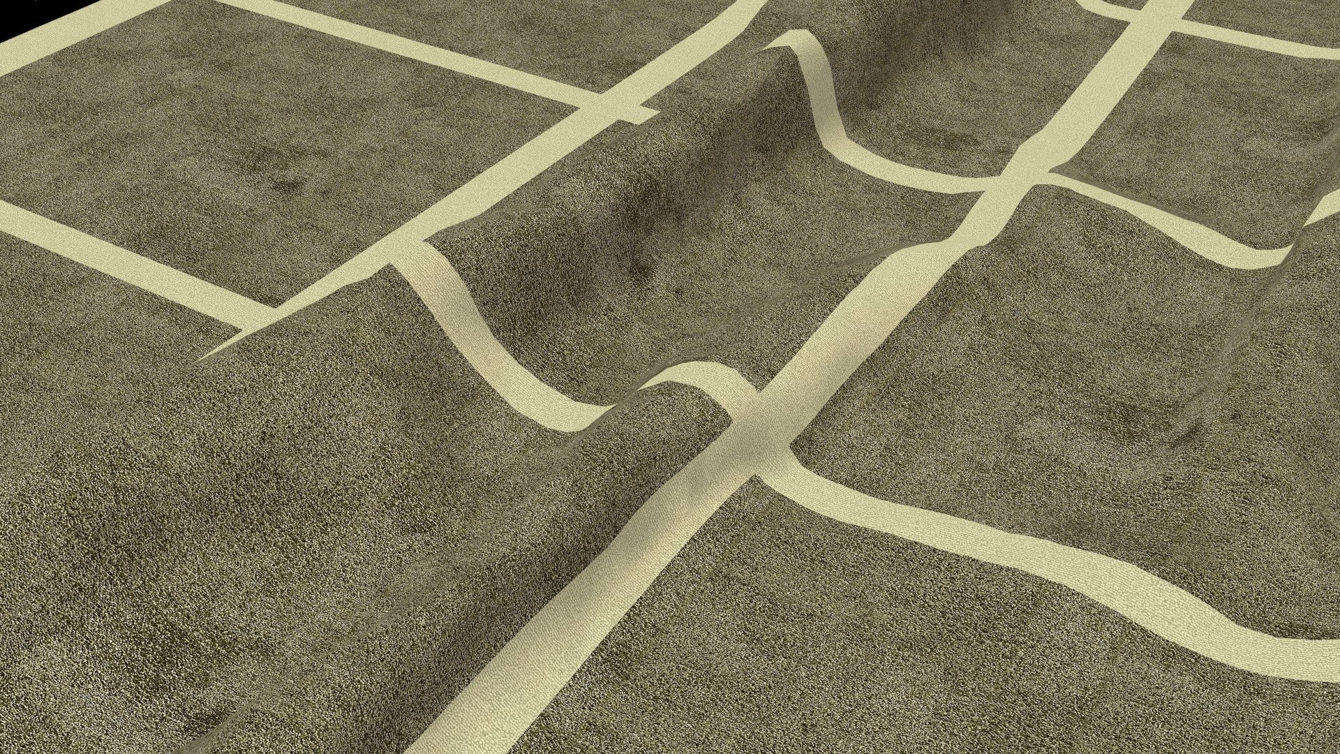 Close-up of olive green hand-tufted wool rug with light grid line pattern and textured surface