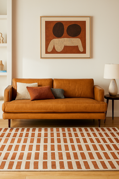 Hand-Tufted Wool Rug – Linear Grid Pattern in Rust and Cream