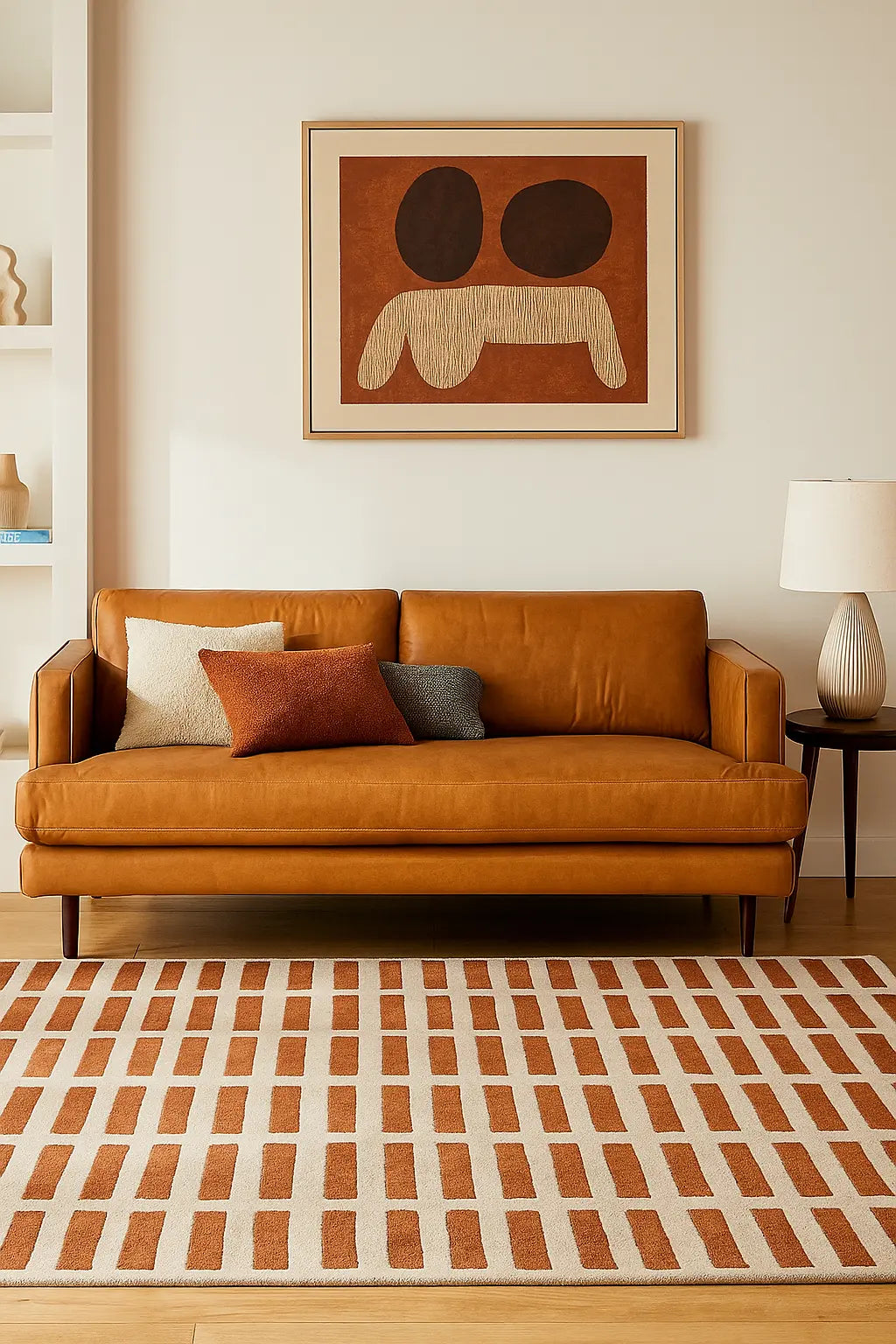 Hand-tufted wool rug with a linear grid pattern in rust red and cream tones, styled in a modern living room