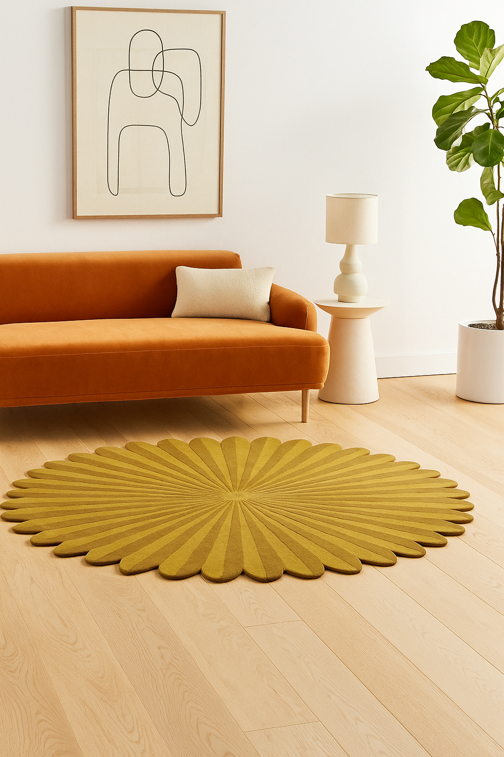 Yellow sunburst handmade rug on a wooden floor with a modern orange sofa and abstract art in the background.