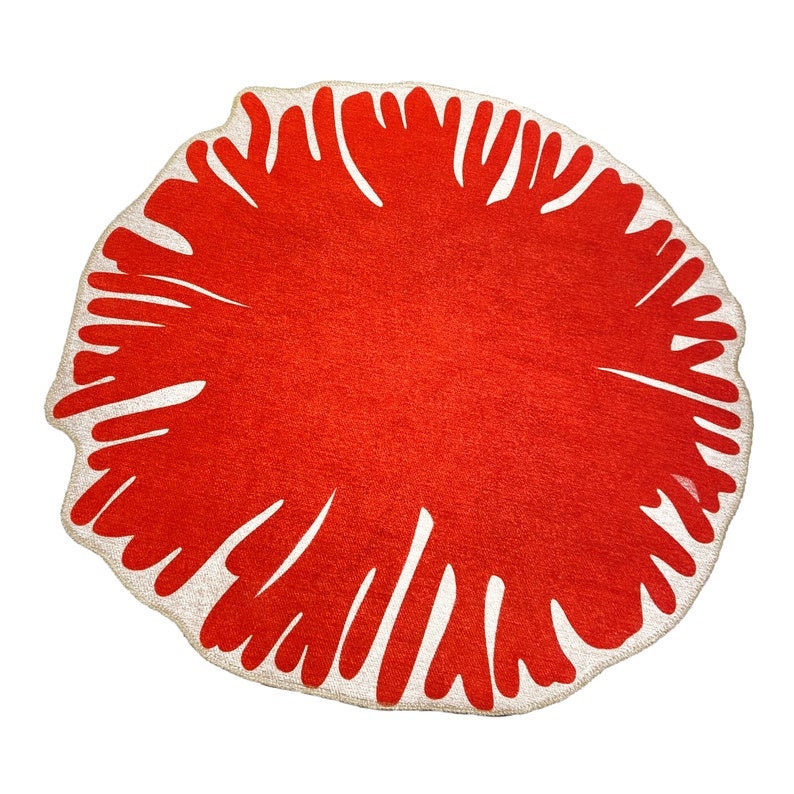 Round red rug with white patterns on a white background