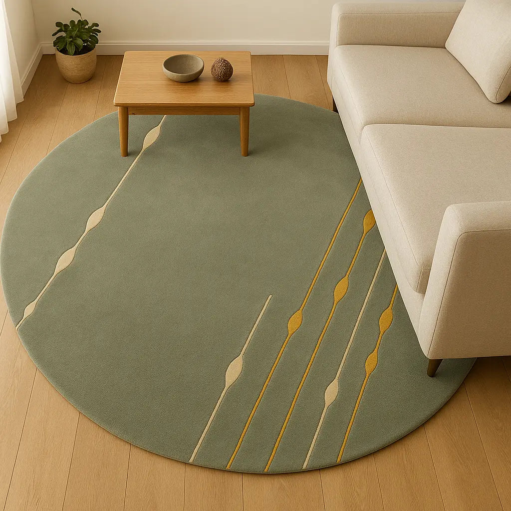 Round sage green hand-tufted wool rug with abstract ivory and mustard lines in a modern living room