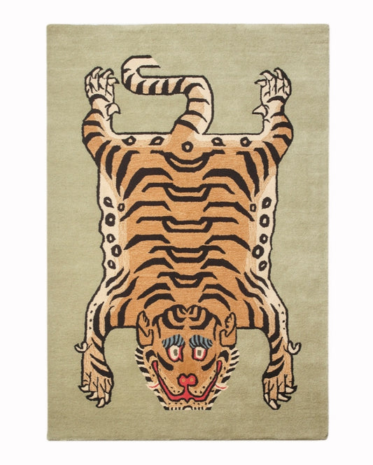 Hand-Tufted Tiger Rug – Sage Green Background | Artistic Wool Carpet