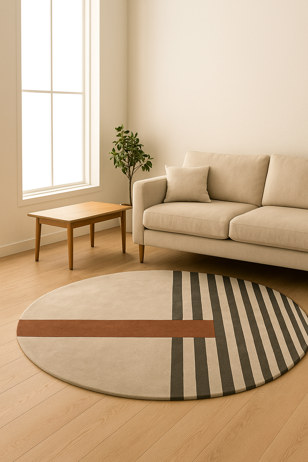 Taupe round hand tufted rug with charcoal vertical stripes and a horizontal brown geometric band