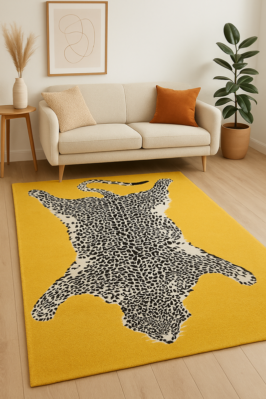 Hand-Tufted Leopard Rug – Wool Animal Print Rug in Mustard Yellow (5x8 ft)
