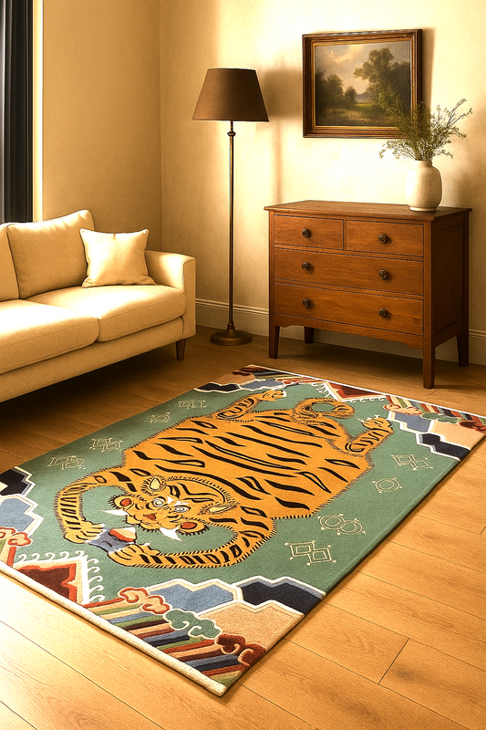 Hand-Tufted Tibetan Tiger Rug – Wool Rug with Sacred Motif & Bold Colors (5x7 ft)