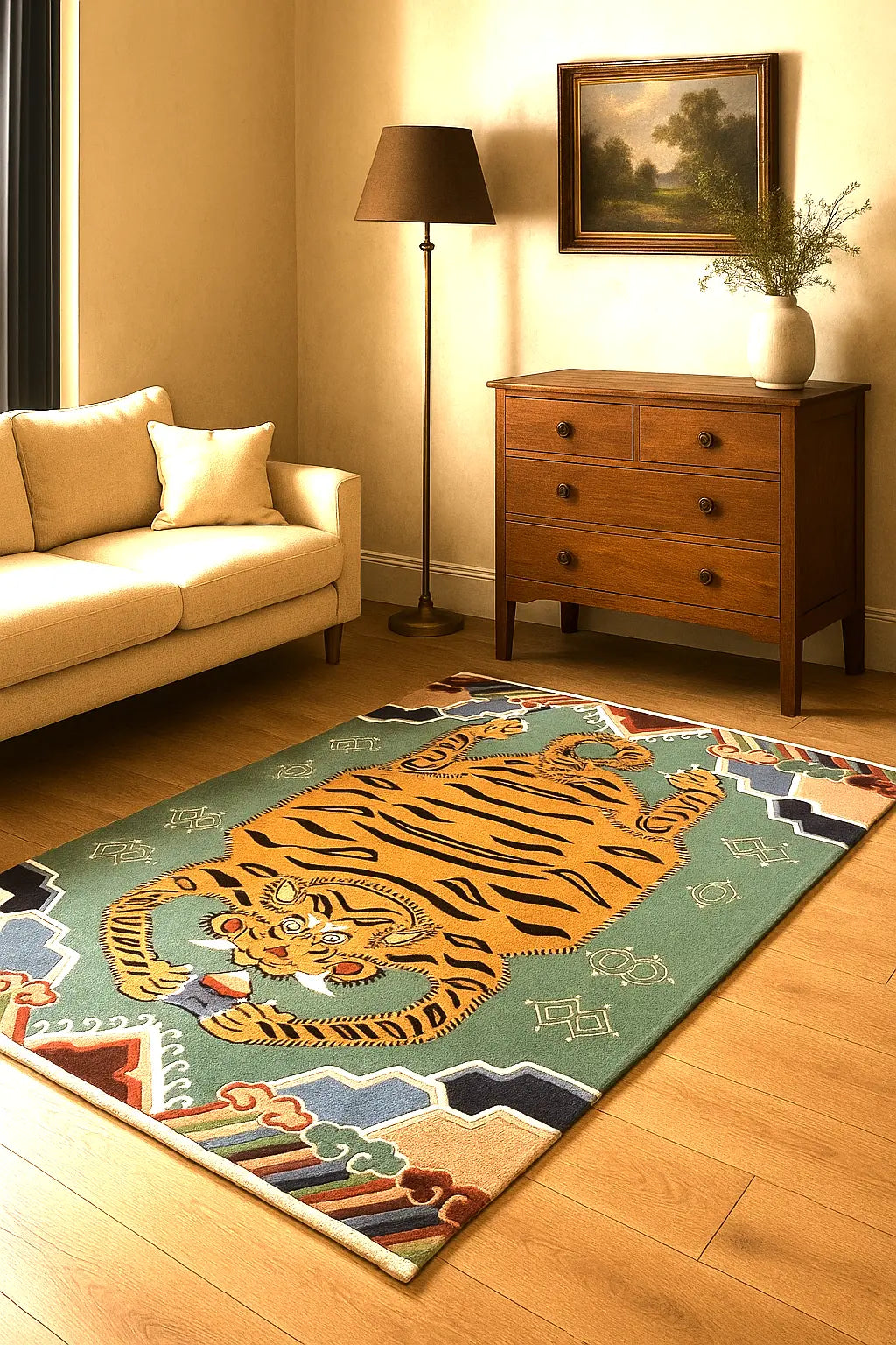 Hand-tufted Tibetan tiger rug with sacred jewel motif in green and multicolor wool