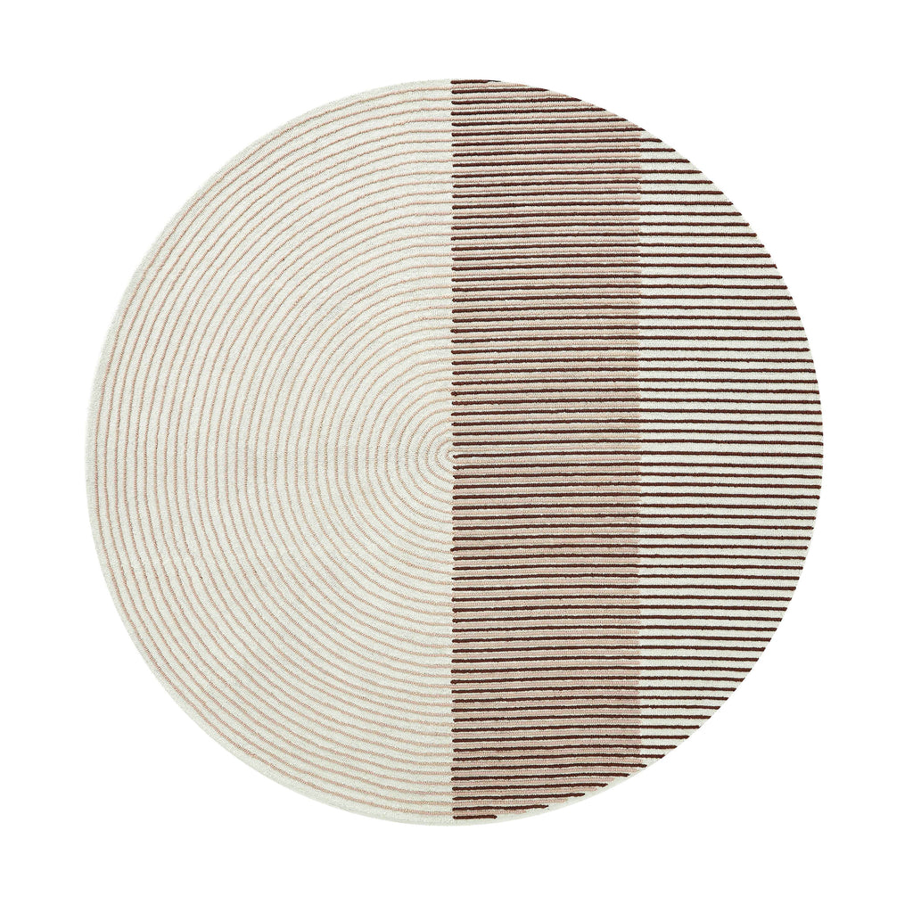 Round, woven, hand-tufted rug with striped pattern on a white background