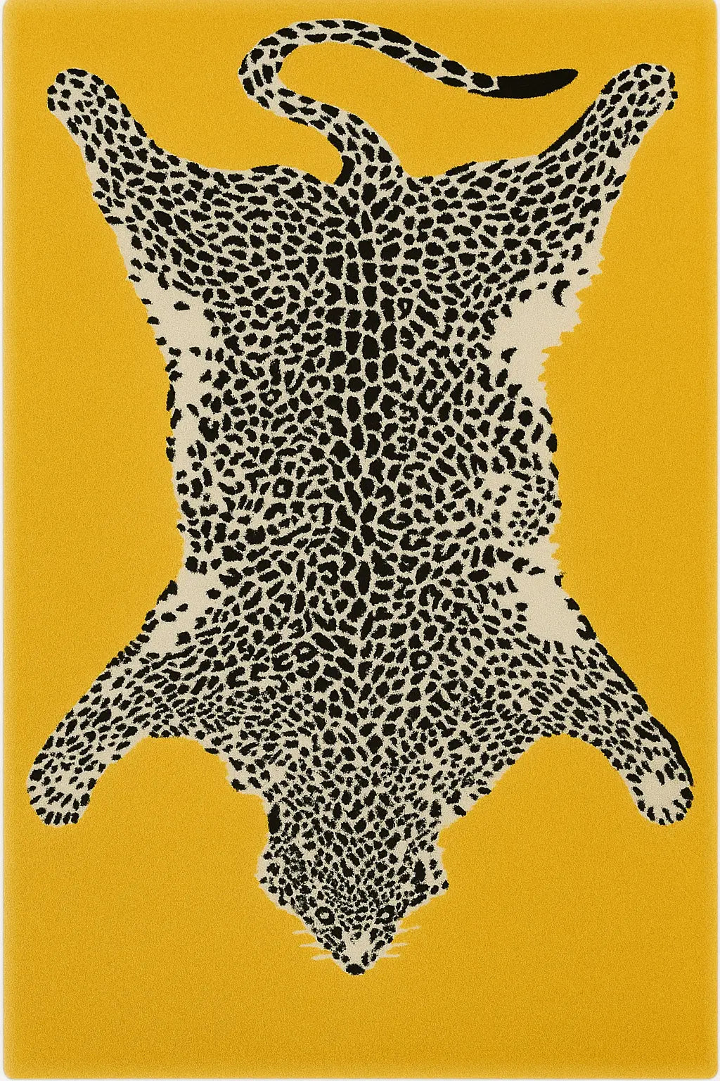 Leopard print handmade  rug on a mustard yellow background